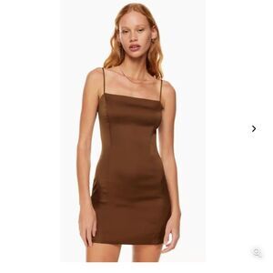 Aritzia‎ NWT Sunday Best Cognac Brown Satin Shimmer Mini Slip Dress Size 8